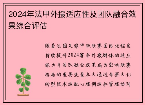 2024年法甲外援适应性及团队融合效果综合评估