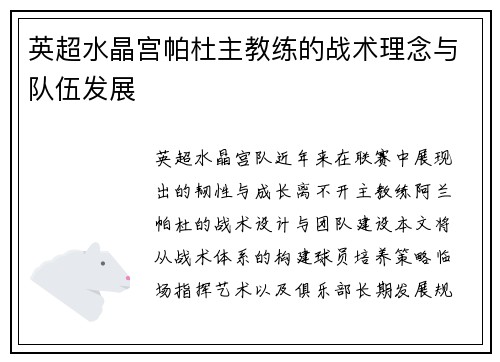 英超水晶宫帕杜主教练的战术理念与队伍发展