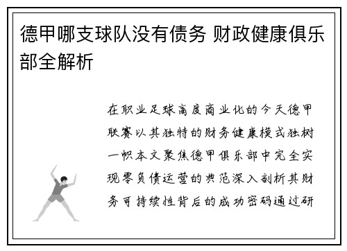 德甲哪支球队没有债务 财政健康俱乐部全解析