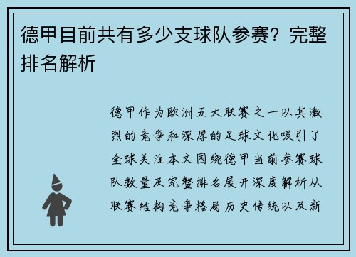 德甲目前共有多少支球队参赛？完整排名解析